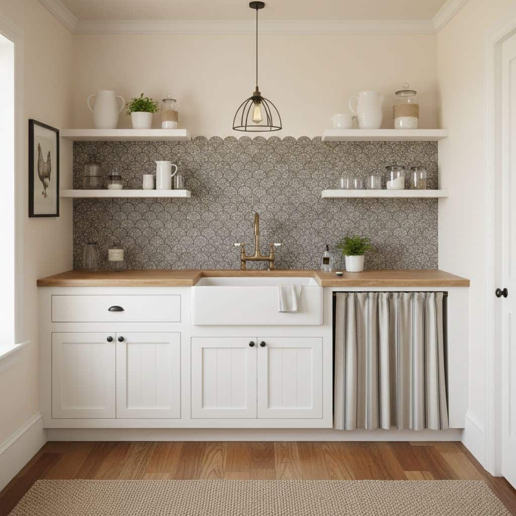 Gray hexagon tile backsplash with textured surface in a kitchen setting.