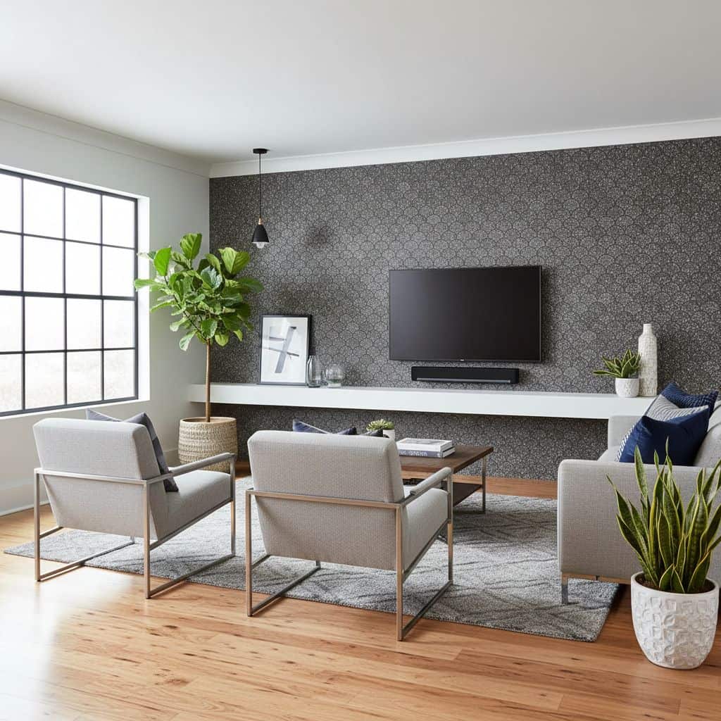 Bright living room with gray patterned tiles on accent wall, light-colored furniture, and large window.