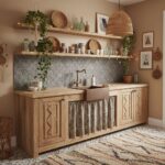 Rustic wood kitchen cabinet with patterned tile backsplash, open shelves, and decorative accents.