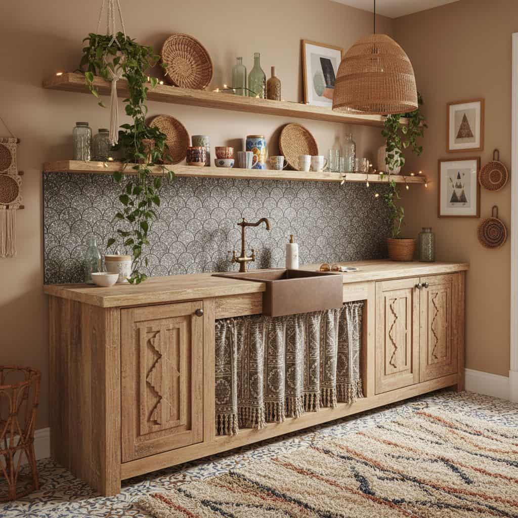 Rustic wood kitchen cabinet with patterned tile backsplash, open shelves, and decorative accents.