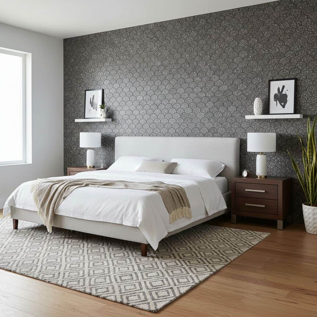 Gray hexagon tile wall with textured surface in a bedroom setting.