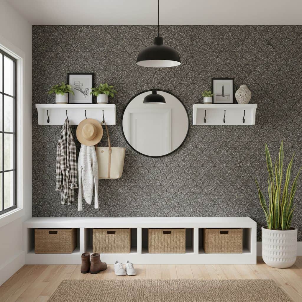 Dark gray textured tile wall with decorative pattern.