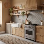 Gray fish scale patterned tile backsplash in a cozy kitchen setting.