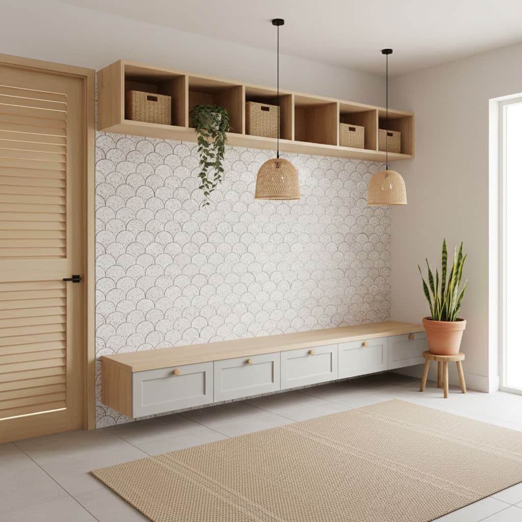 Bright, textured white tile wall with subtle pattern, natural wood furniture, and green plant accents create a calming, styli.