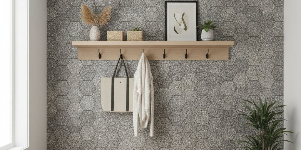Gray hexagon tile wall with textured surface and matte finish, perfect for modern interior decor.