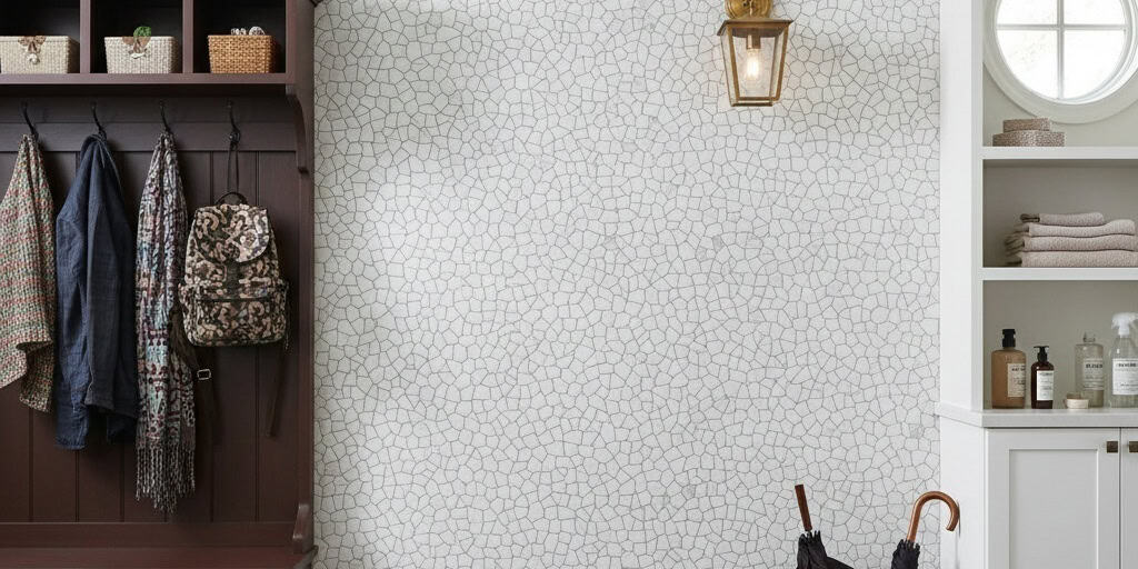 White hexagonal tile wall with subtle gray grout lines, smooth texture, and a clean, contemporary look.