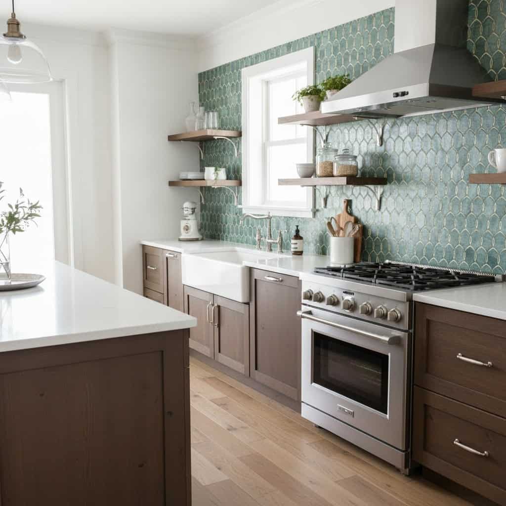 Green patterned ceramic tile wall in modern kitchen.