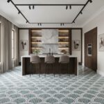 Marble-patterned tile with neutral colors and geometric design, suitable for kitchen backsplashes.
