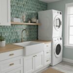 Teal and gold patterned tile with textured surface in laundry room.