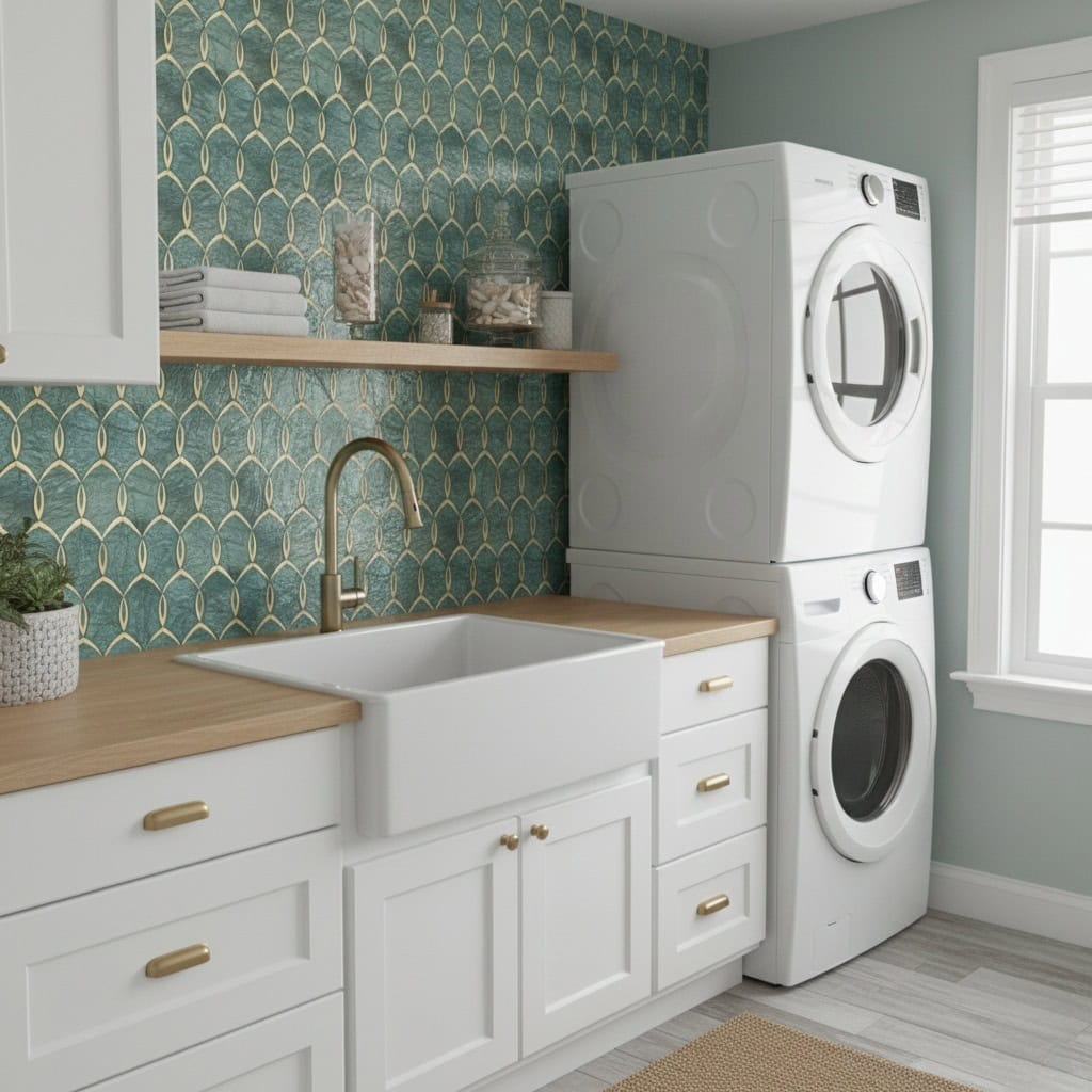 Teal and gold patterned tile with textured surface in laundry room.