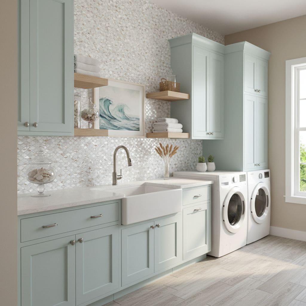 Bright mint green cabinets with a textured tile backsplash and white farmhouse sink.