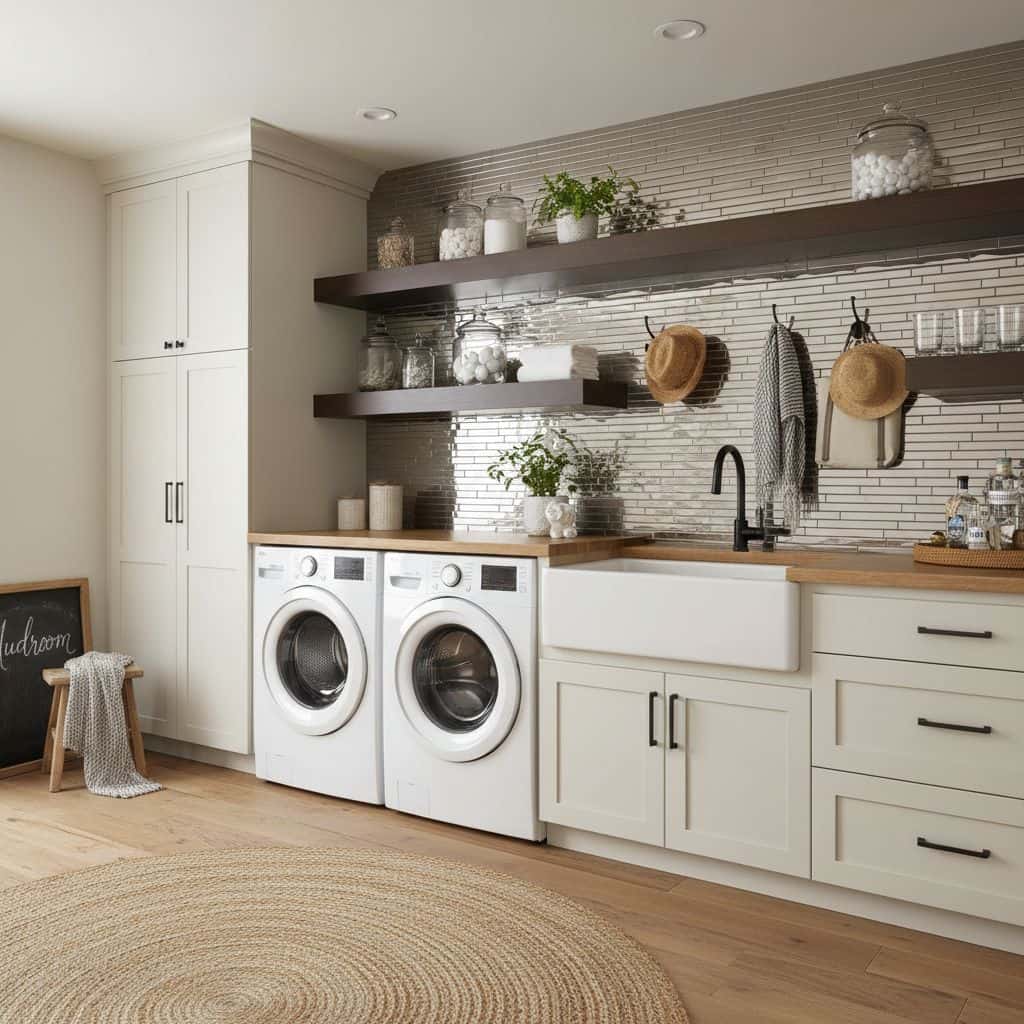 Bright, modern laundry space with white cabinets, textured tile wall, and black fixtures.