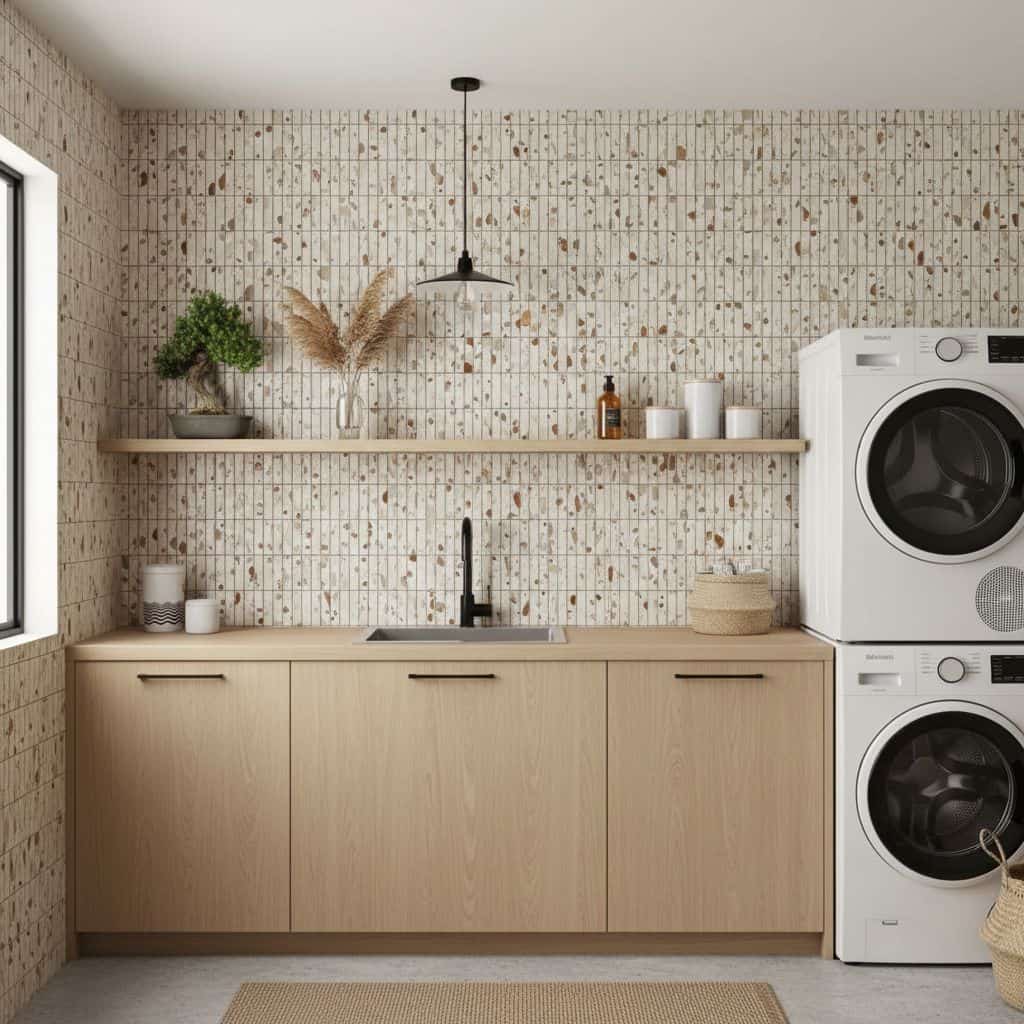 Light beige speckled tile wall with textured surface in a modern laundry room.
