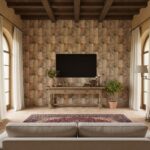 Stone tile wall featuring earthy tones and textured surface, complemented by a wooden ceiling and elegant decor.
