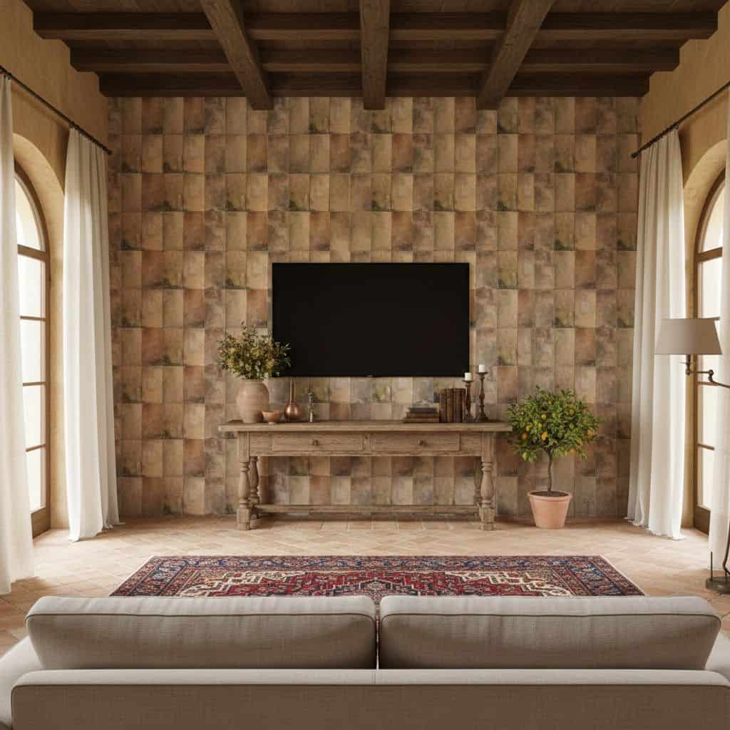 Stone tile wall featuring earthy tones and textured surface, complemented by a wooden ceiling and elegant decor.