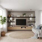 Bright living room with textured beige brick wall, wooden shelves, and modern decor.