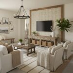 Living room wall with textured beige material, neutral color palette, and wooden accents creating a warm, modern ambiance.
