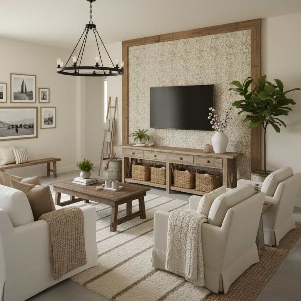 Living room wall with textured beige material, neutral color palette, and wooden accents creating a warm, modern ambiance.
