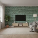 Teal and gold patterned tile wall with textured finish in modern living room.