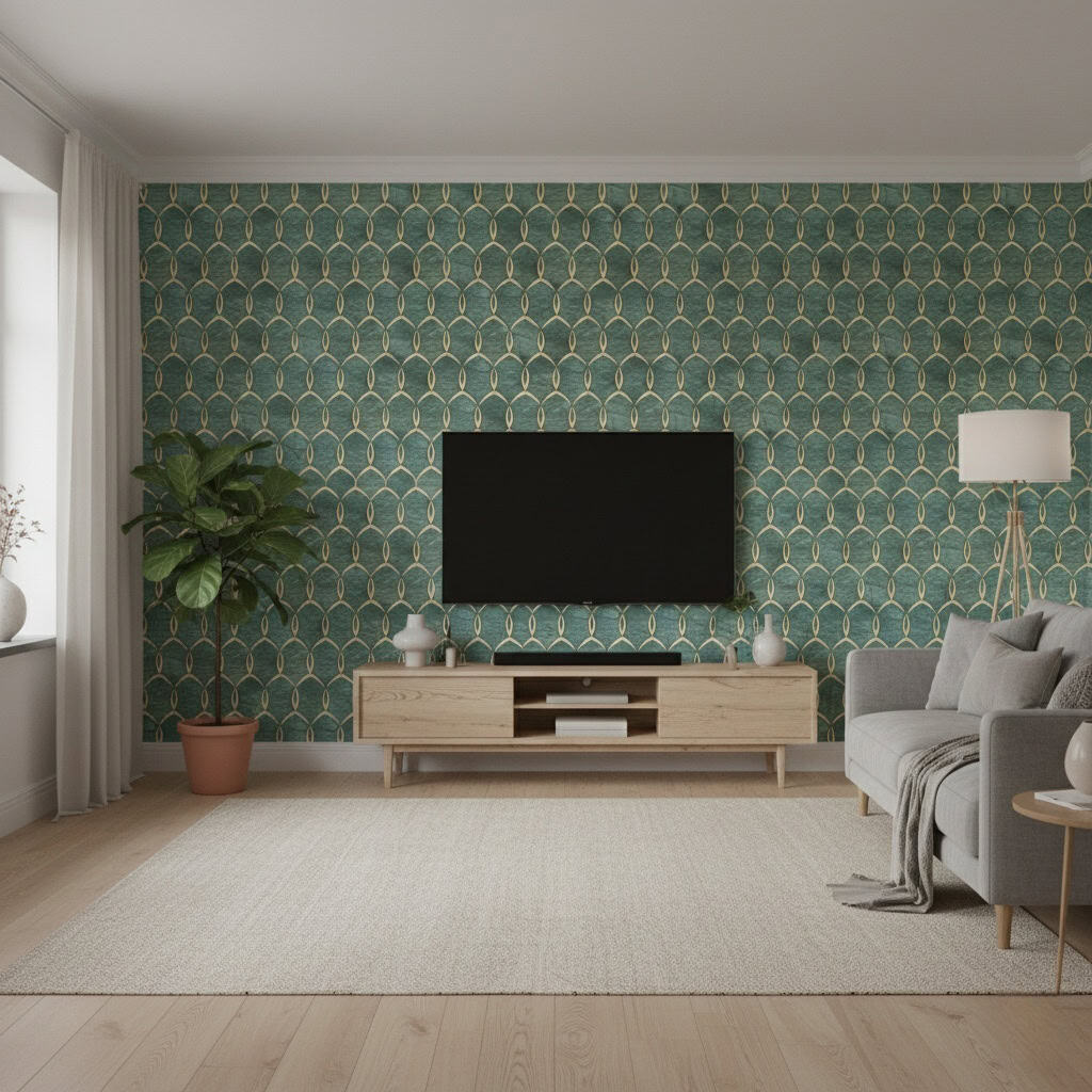 Teal and gold patterned tile wall with textured finish in modern living room.