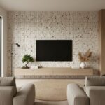 Neutral-colored mosaic tile wall with textured, small square tiles in beige and light brown shades.