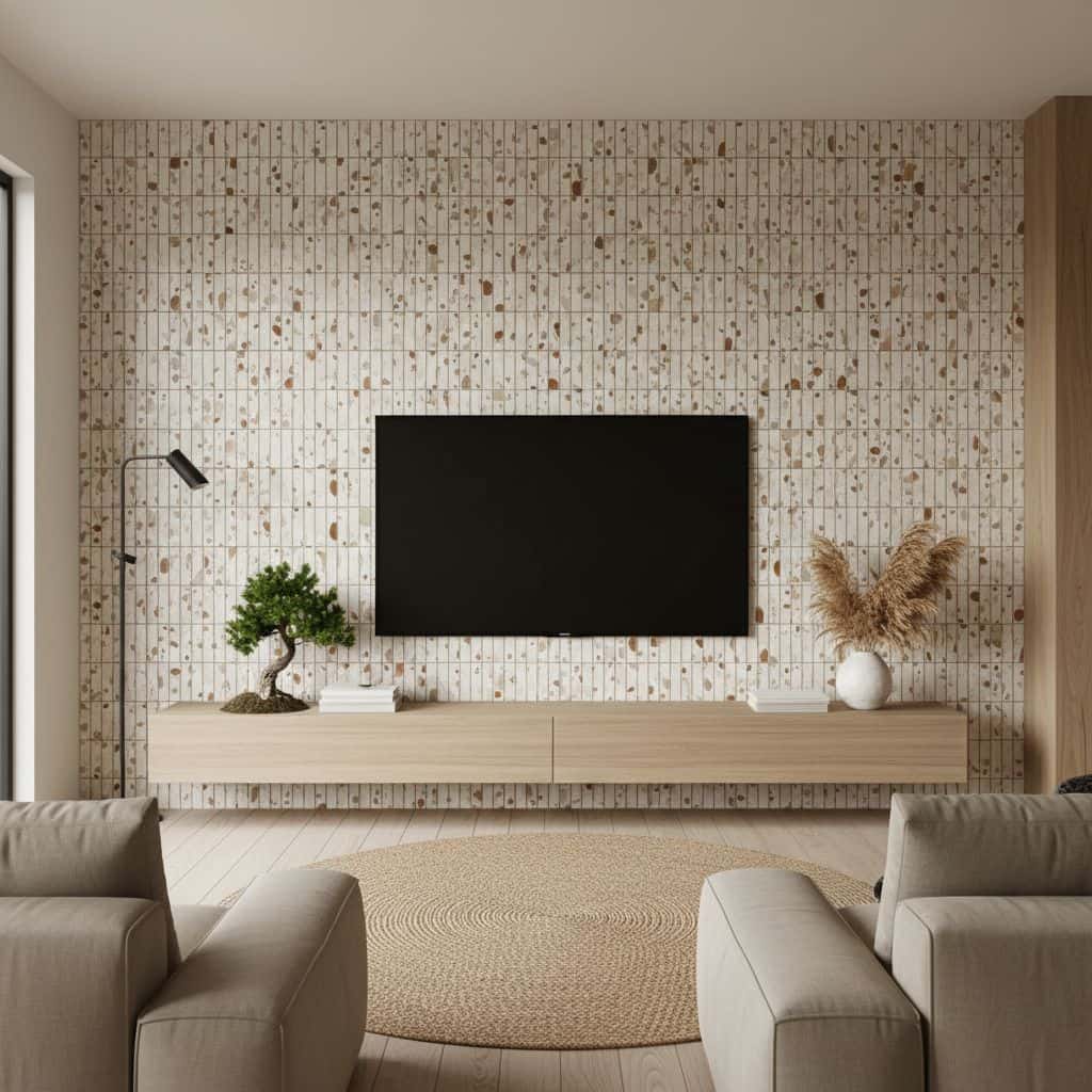 Neutral-colored mosaic tile wall with textured, small square tiles in beige and light brown shades.