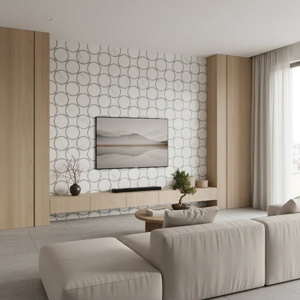 Beige tile wall with circular pattern, smooth texture, in a contemporary living room setting.