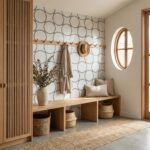 Decorative wall tiles with circular pattern in neutral tones.