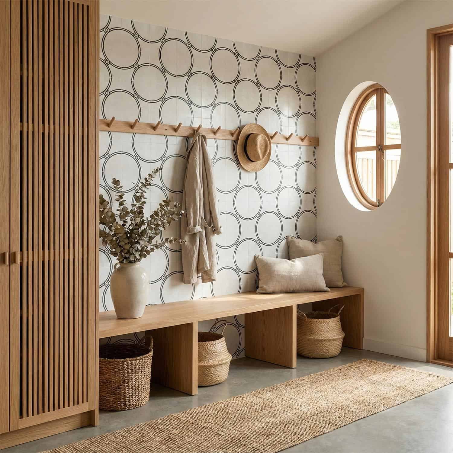 Decorative wall tiles with circular pattern in neutral tones.
