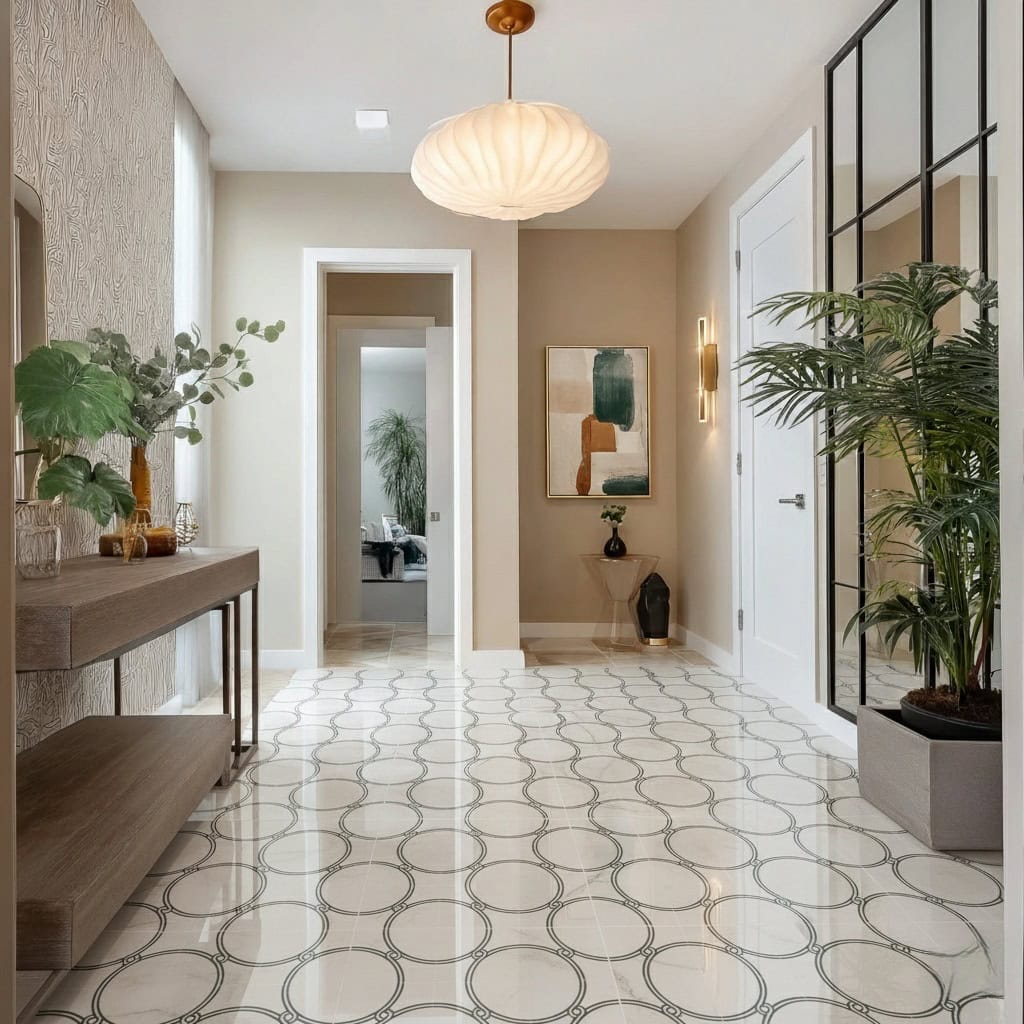 Beige ceramic tile with a geometric pattern, smooth texture, and glossy finish, used as flooring in a contemporary home inter.
