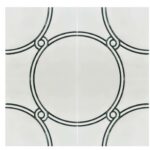 Black and white ceramic tiles with circular and linear patterns, sleek finish, contemporary style.