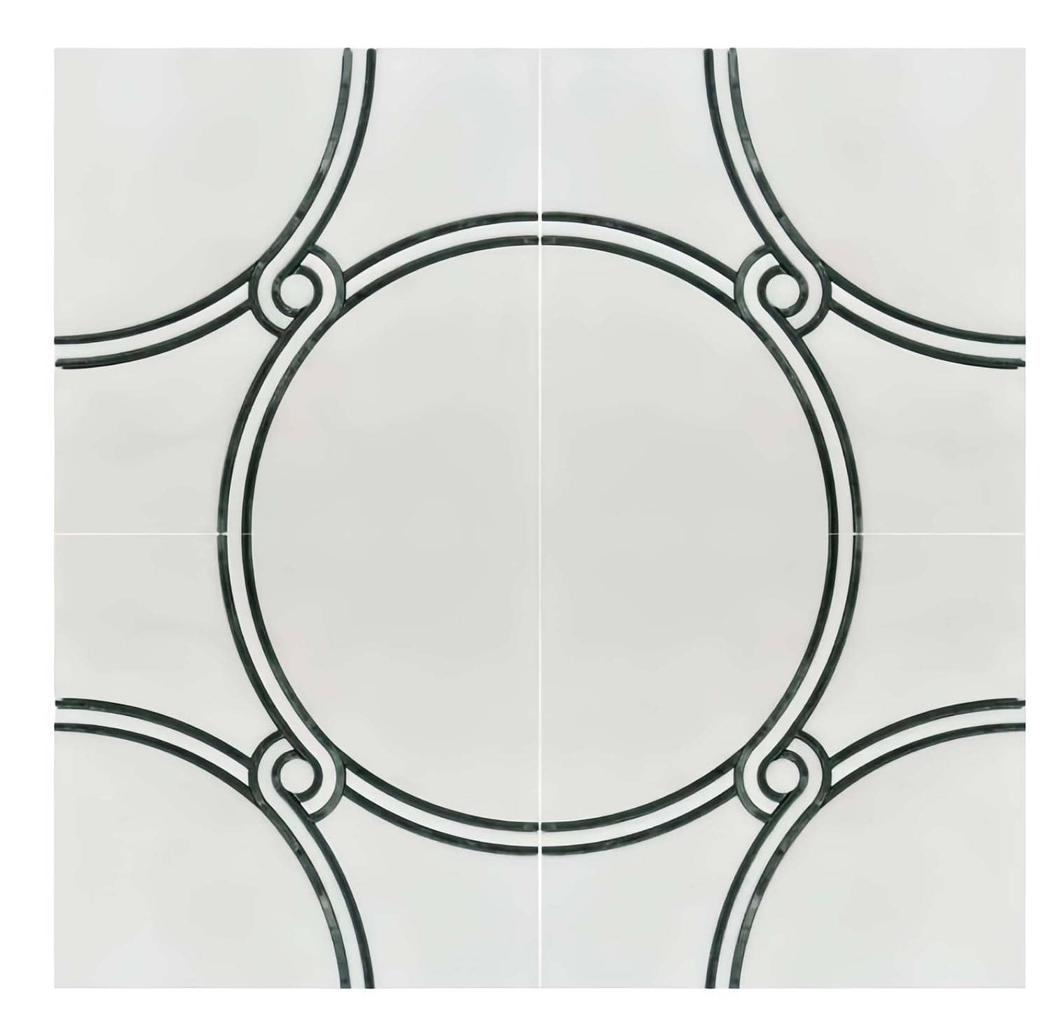 Black and white ceramic tiles with circular and linear patterns, sleek finish, contemporary style.