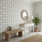 Circular pattern wall tile in neutral tones, smooth texture, contemporary design.