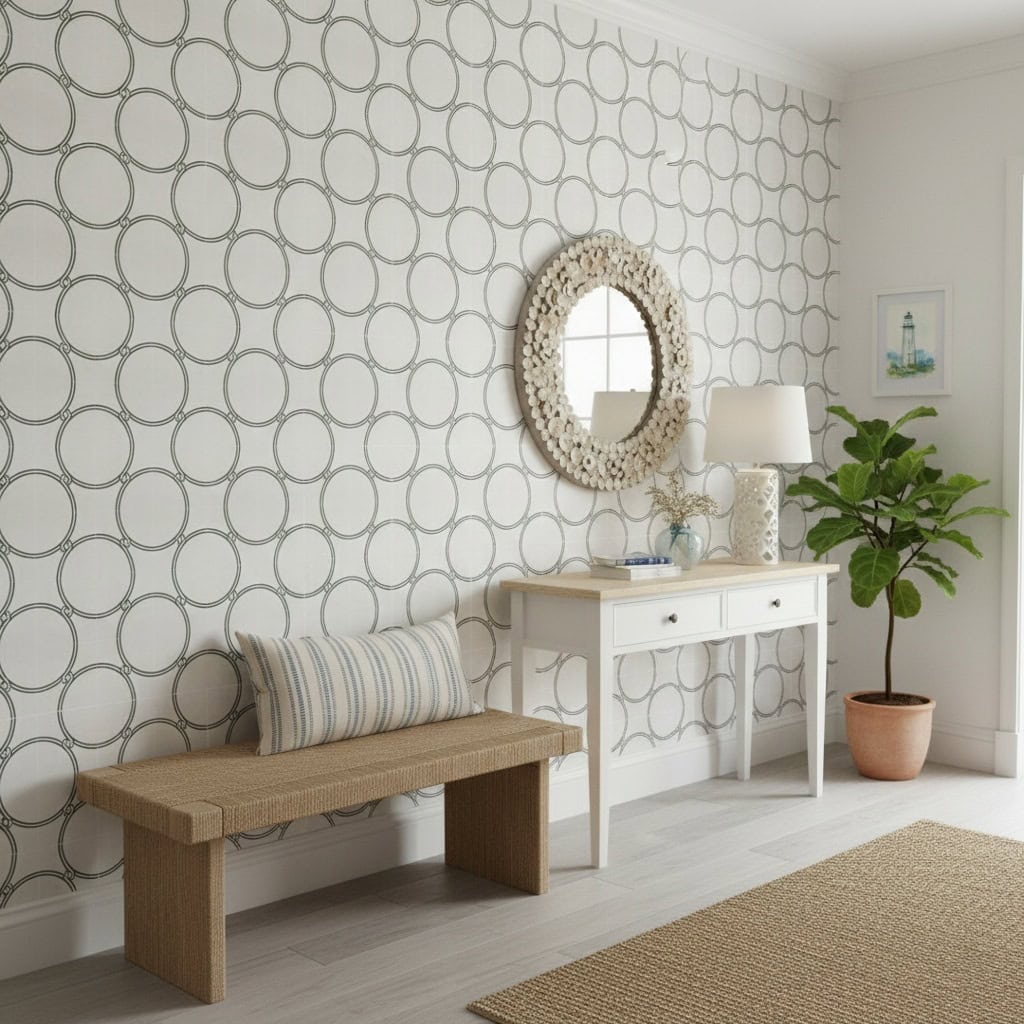 Circular pattern wall tile in neutral tones, smooth texture, contemporary design.