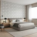 Geometric patterned tile in neutral tones, textured surface, used as wall decor in a contemporary bedroom.