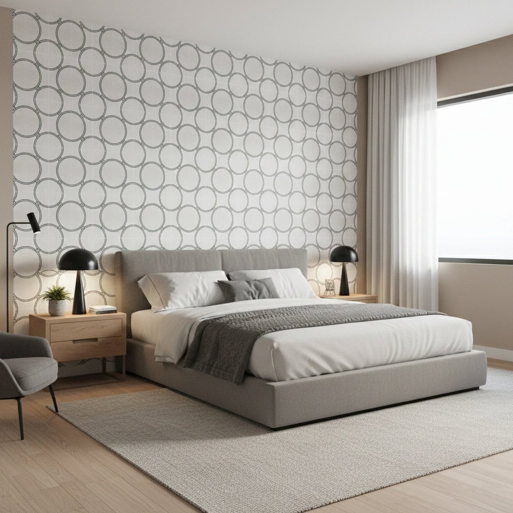 Geometric patterned tile in neutral tones, textured surface, used as wall decor in a contemporary bedroom.