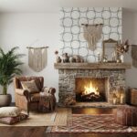 Warm-toned stone fireplace with textured wall art and boho-style decor. Comfortable armchair, patterned rug, and natural acce.