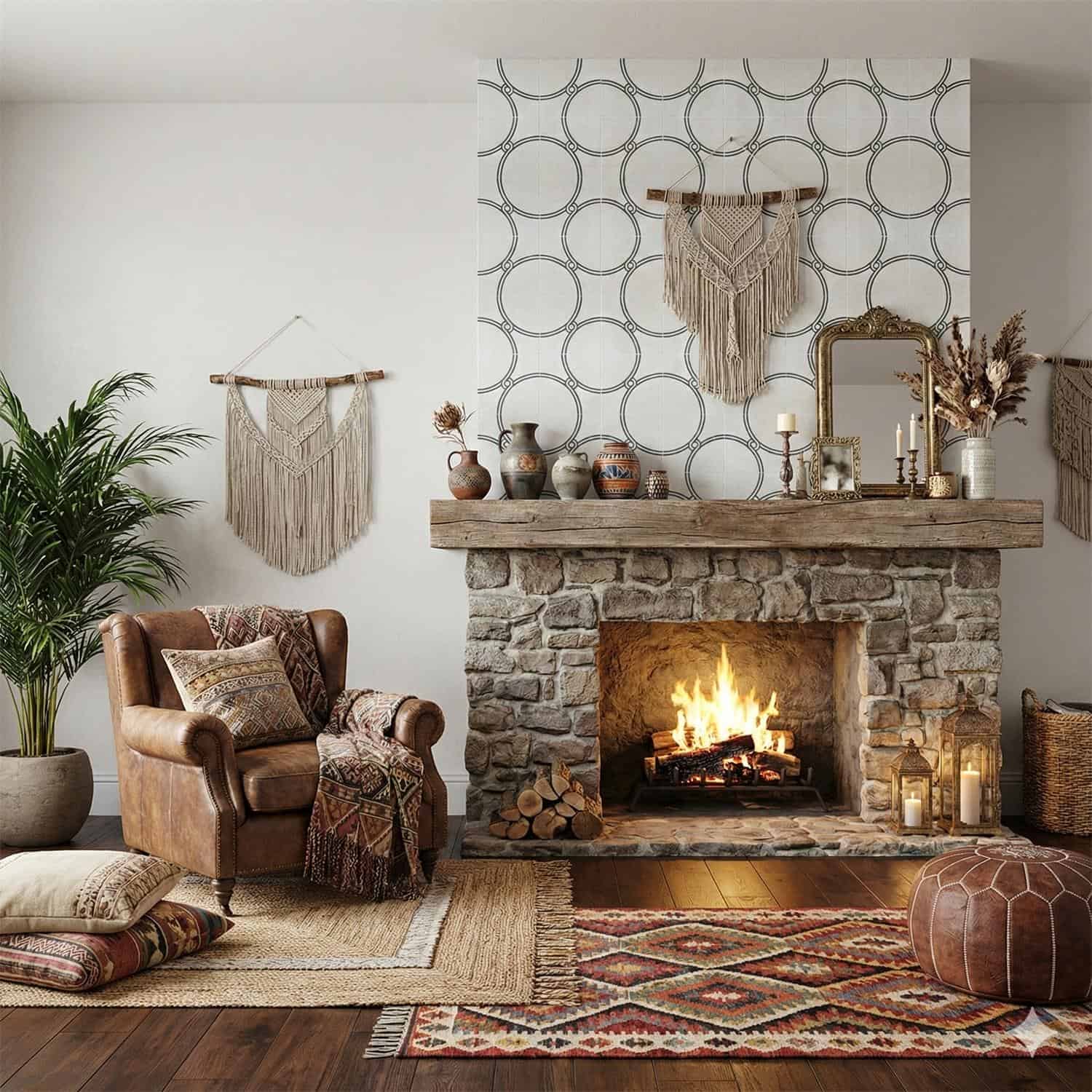 Warm-toned stone fireplace with textured wall art and boho-style decor. Comfortable armchair, patterned rug, and natural acce.