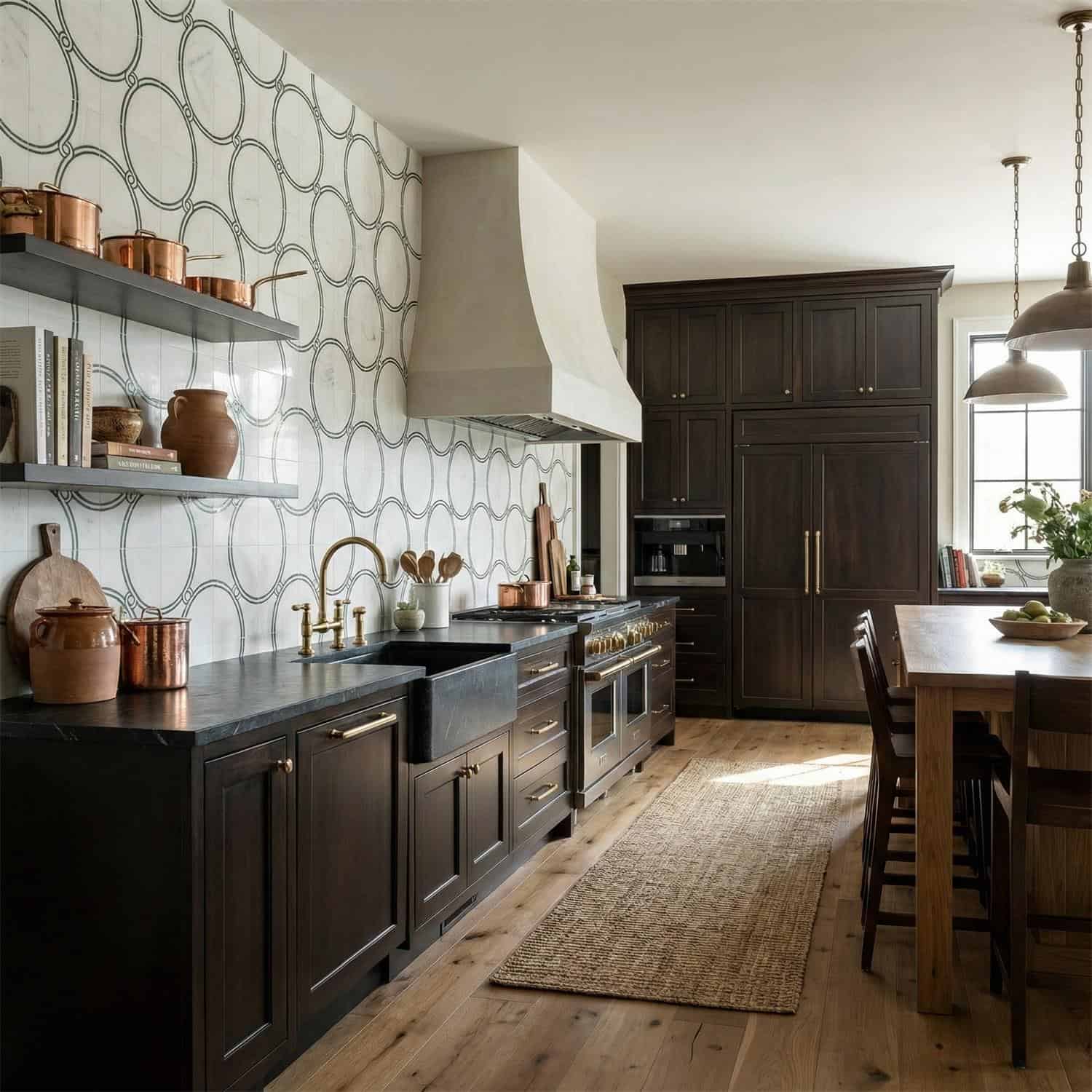Geometric patterned tile wall in neutral tones, textured surface, modern kitchen decor.