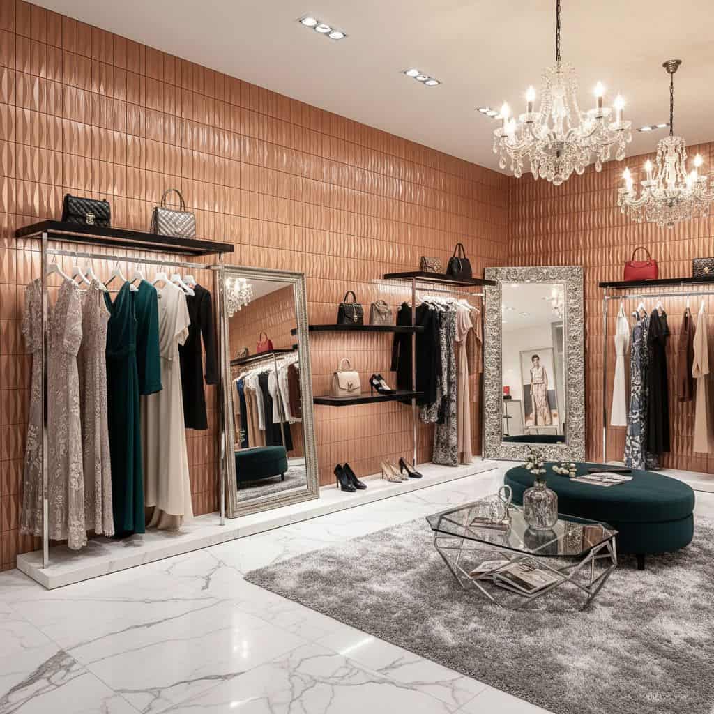 Elegant boutique with wooden wall tiles, clothing racks, and chandeliers.