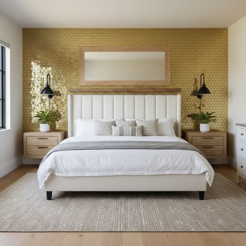 Bright white bed with striped pillows, flanked by matching wooden nightstands with potted plants, against a gold hexagon tile.