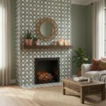 Bright, textured tile with a black and white geometric pattern, complementing the cozy living room decor.