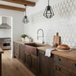Gold and white geometric patterned tile with a glossy finish, perfect for kitchen backsplashes.