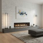 Bright white hexagon tiles with subtle texture and gold accents, complementing the sleek fireplace and contemporary decor.