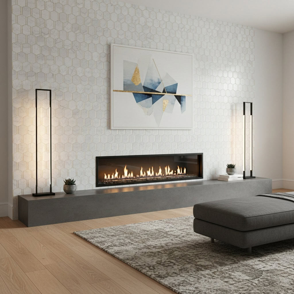 Bright white hexagon tiles with subtle texture and gold accents, complementing the sleek fireplace and contemporary decor.