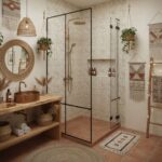 Bright terracotta-colored textured tiles in a modern shower enclosure.
