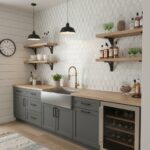 A close-up of a kitchen wall featuring white hexagon tiles with subtle texture, complemented by wooden shelves and modern bla.