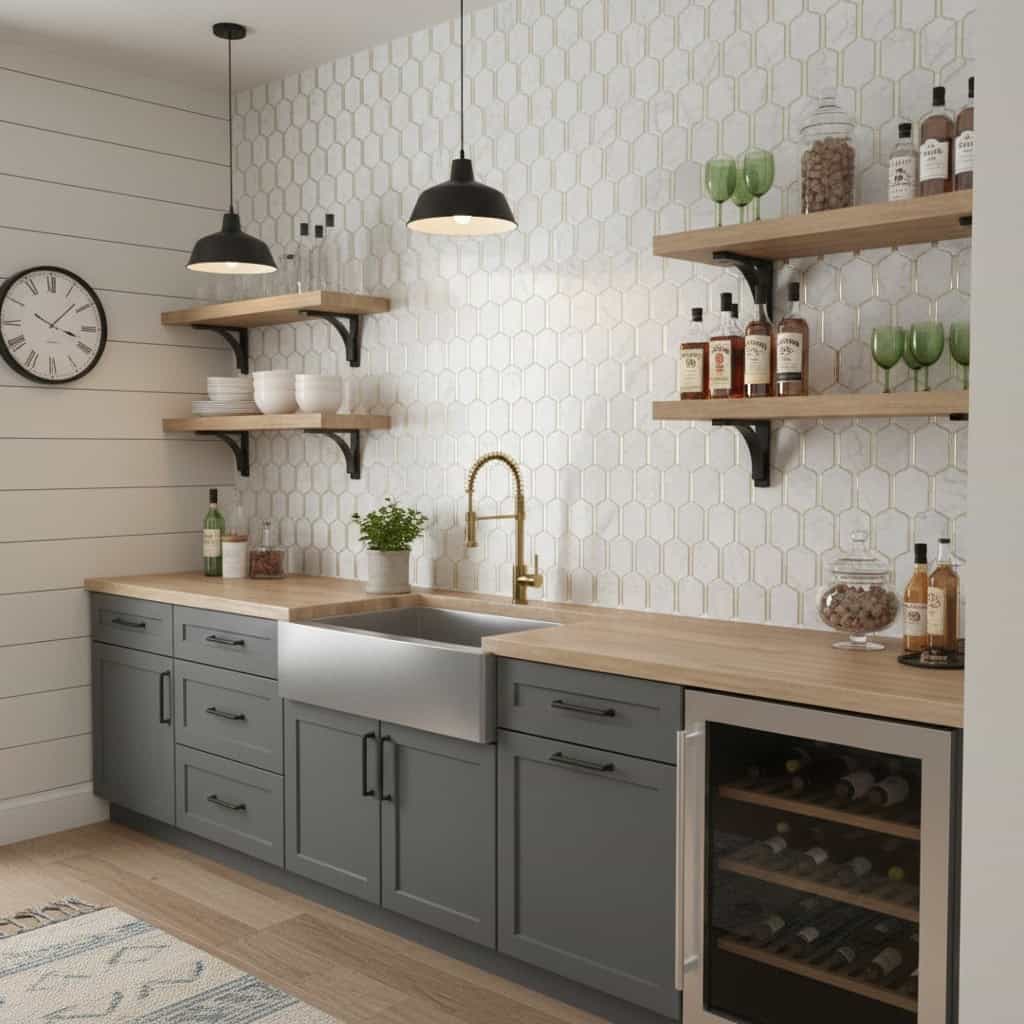 A close-up of a kitchen wall featuring white hexagon tiles with subtle texture, complemented by wooden shelves and modern bla.