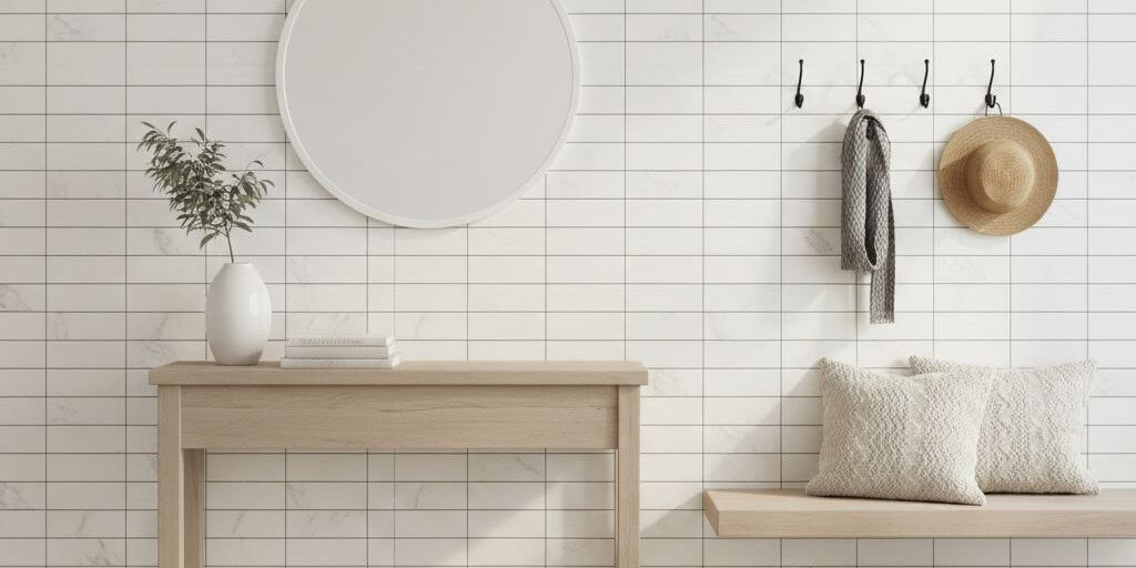 White ceramic wall tile with subtle textured surface and clean lines, complemented by minimalist decor and accessories.