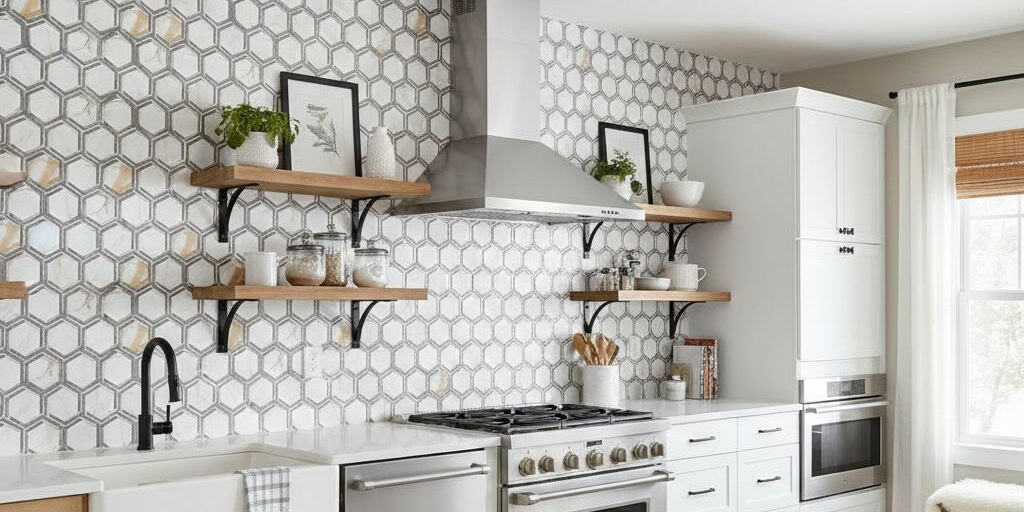 White hexagon ceramic tiles with subtle texture and glossy finish, creating a clean and contemporary look.